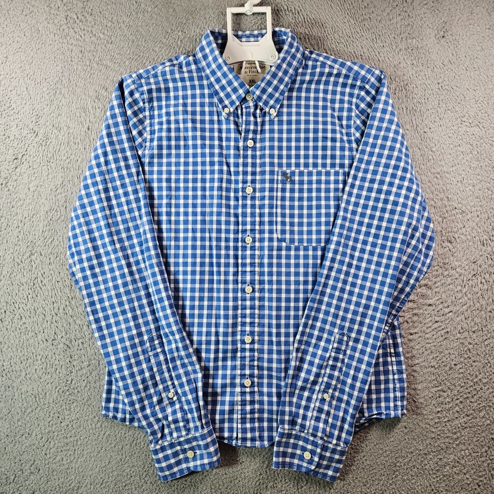 Abercrombie & Fitch Muscle Shirt Men XXL Button Up Long Sleeve Blue Plaid - Flaw